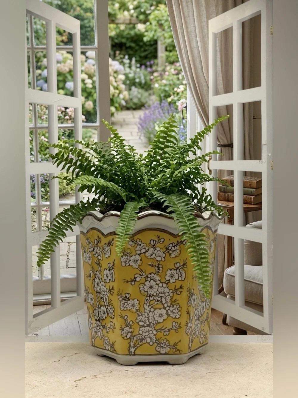 Yellow Cherry Blossom Planter with Drainage Hole, 7 Inch Ceramic Flower Pot